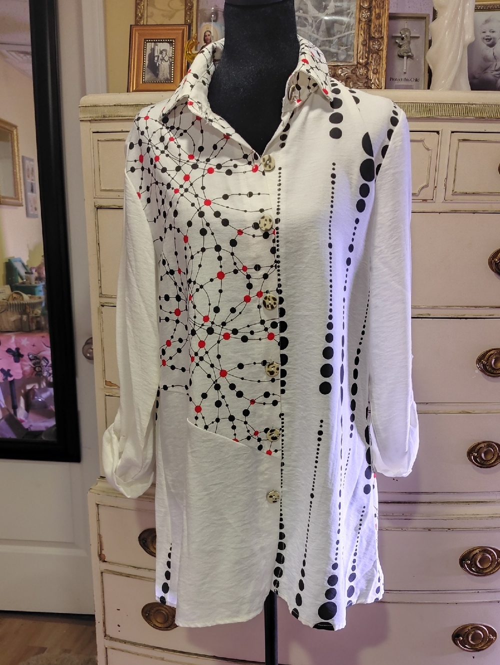 NorthStyle White Blouse with Black Dot Network and Red Accent